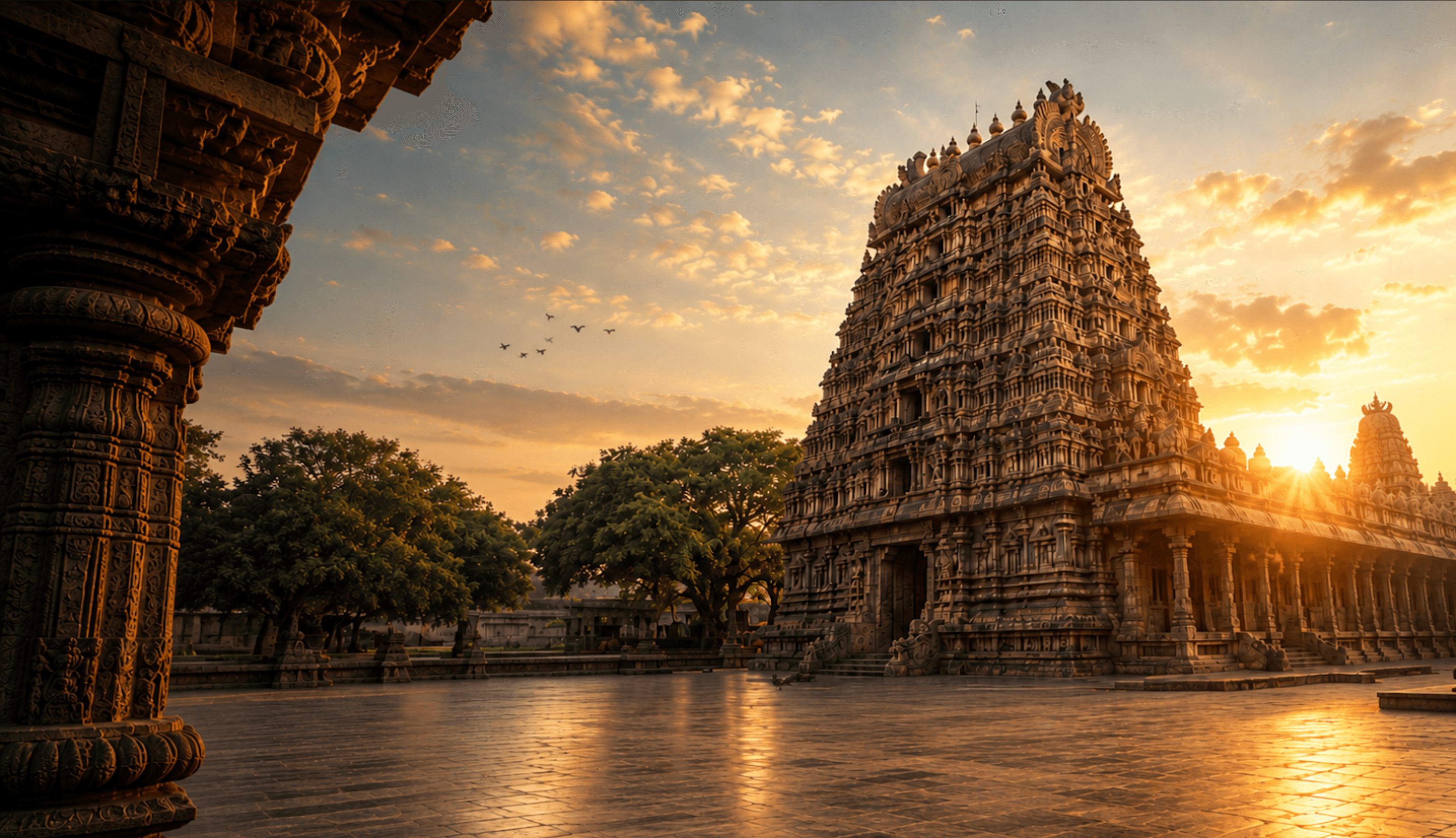 Majestic Indian temple gopuram glowing at sunset